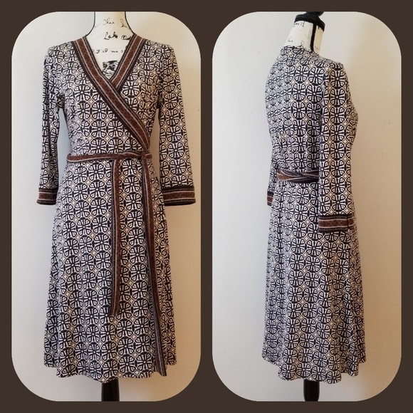 Dresses & Skirts - Faux Wrap Tan Brown White Tribal Print Dress